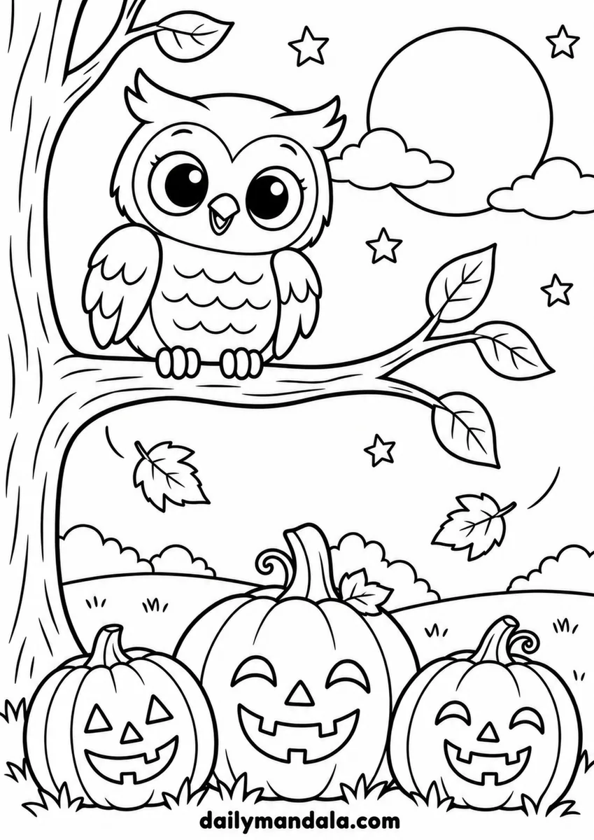 Autumn Owl and Jack-o-Lanterns coloring page