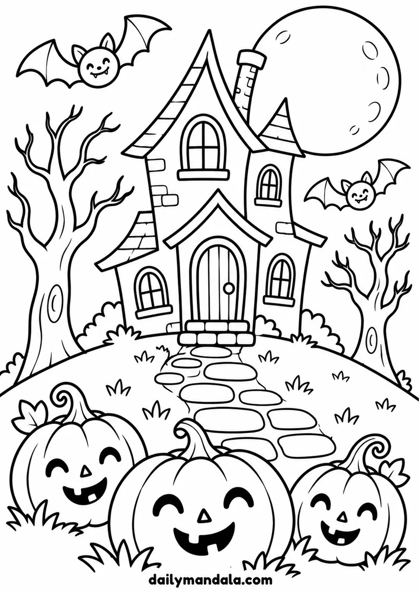 Friendly Haunted House and Pumpkins coloring page