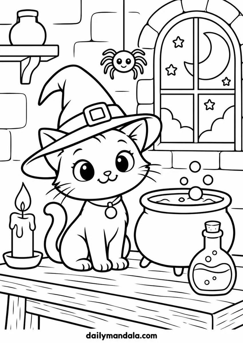 Witch Kitten and Bubbling Cauldron coloring page