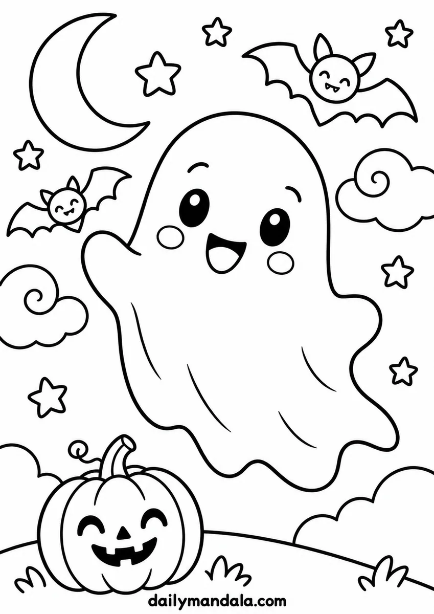 Happy Ghost and Pumpkin coloring page