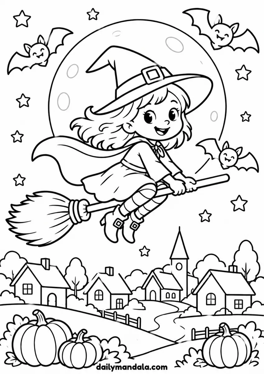 Little Witch Flying over a Village coloring page