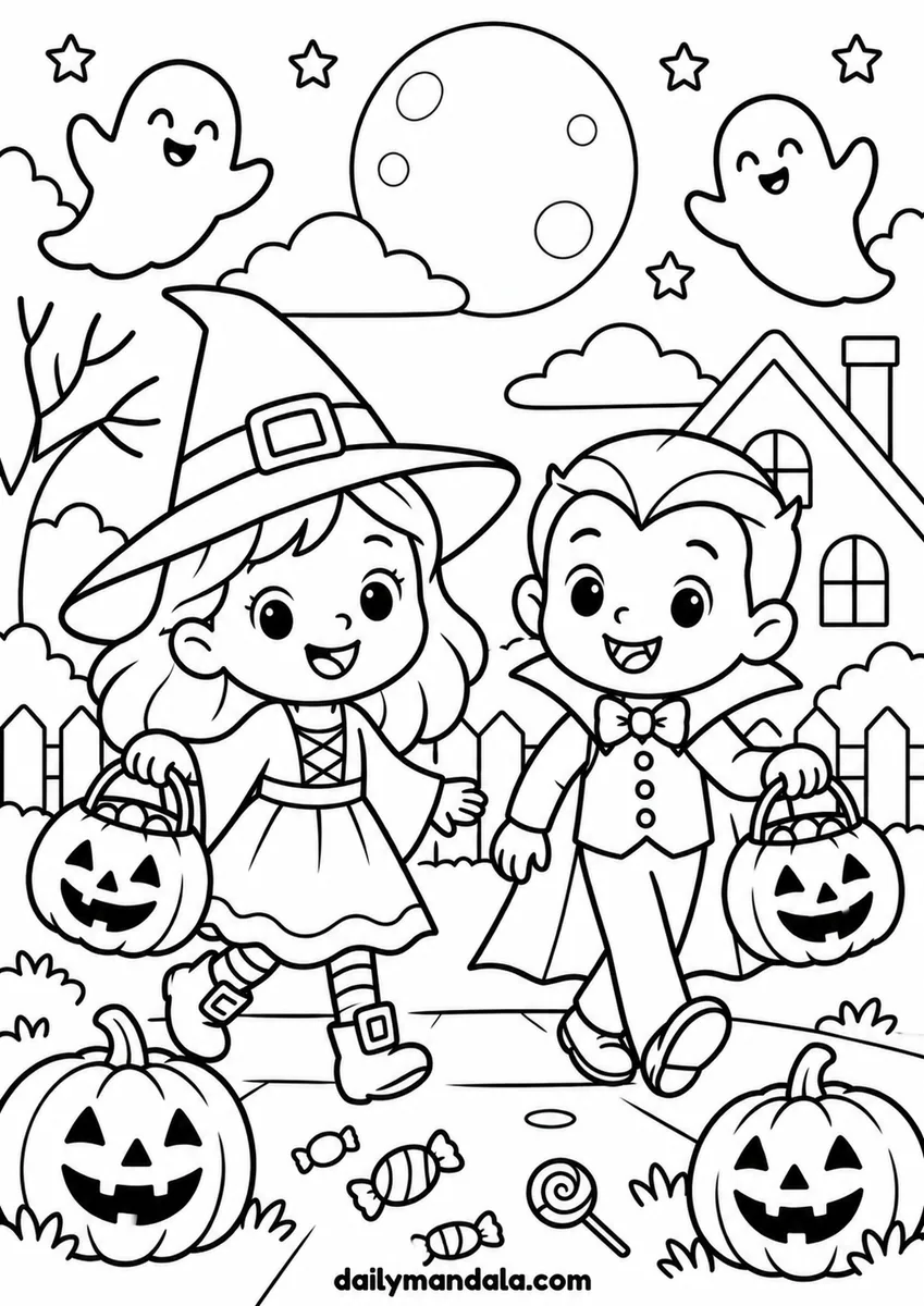 Witch and Vampire Trick-or-Treat coloring page