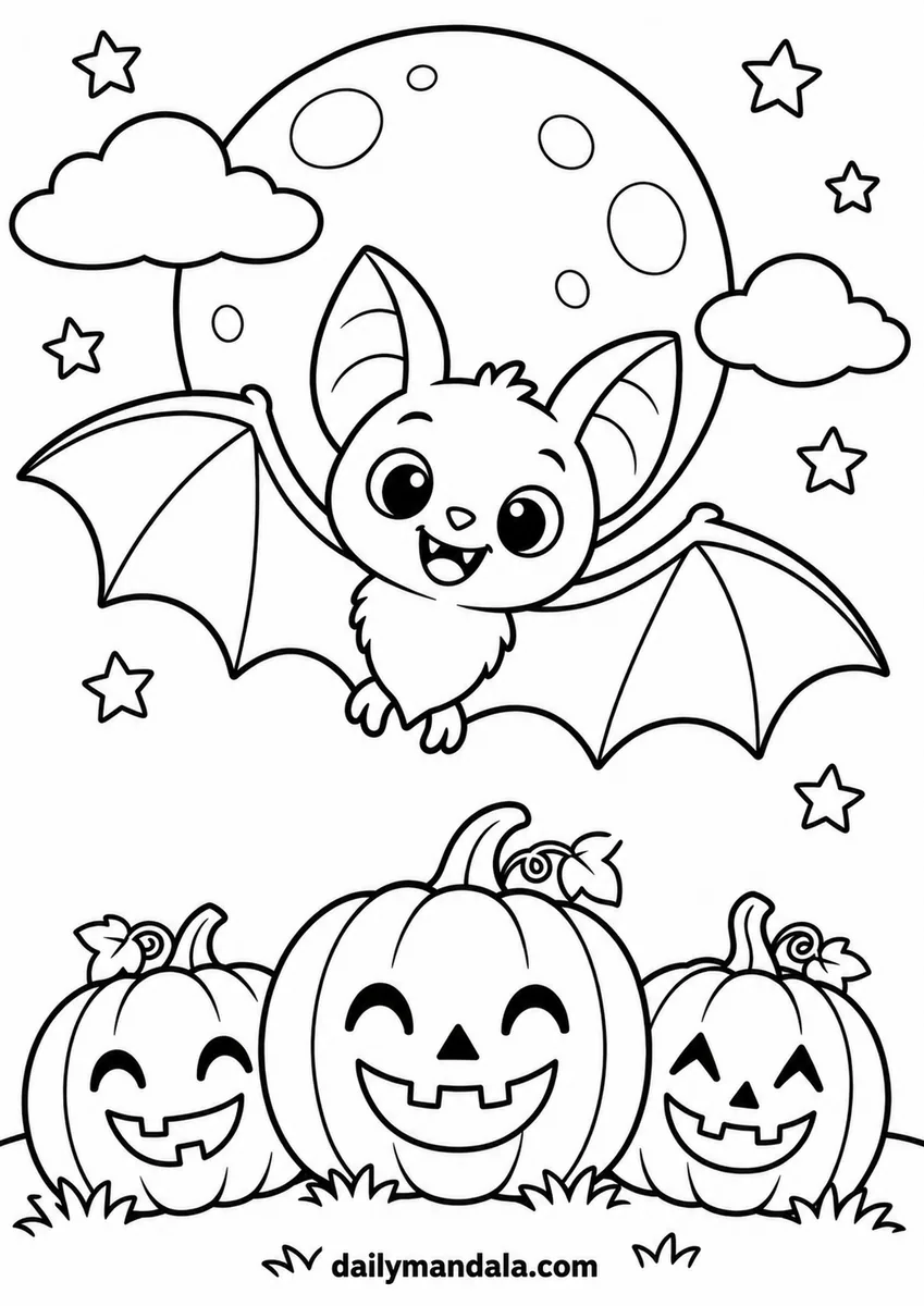 Cute Bat and Three Pumpkins coloring page